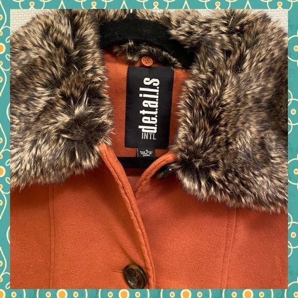 Burnt brown Mod Coat w/ Faux Fur Collar Details Intl Retro Fall Jacket S NWOT - Picture 5 of 11
